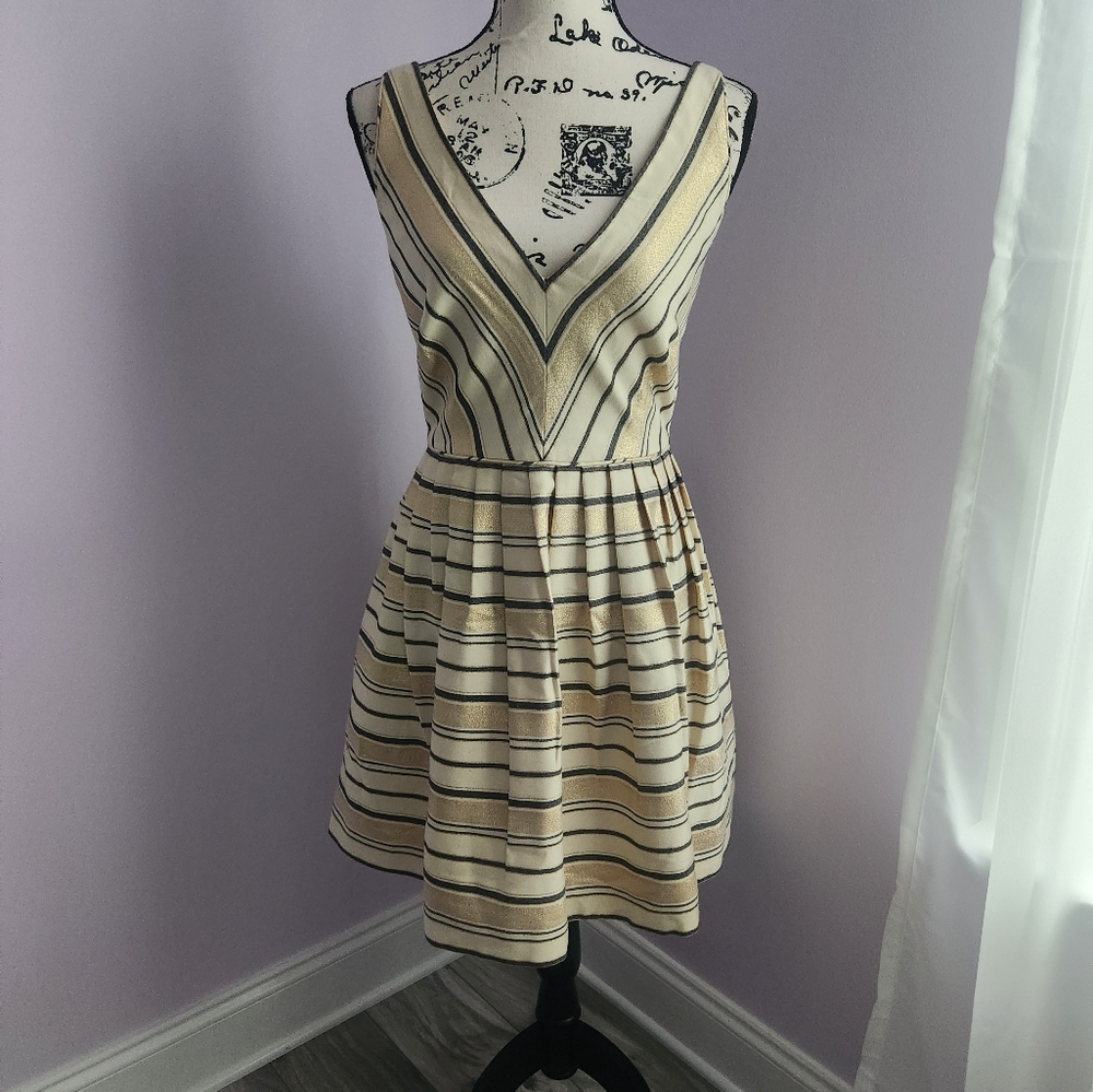 J.Crew Ivory Gold Metallic Stripe Fit Flare Dress size 14